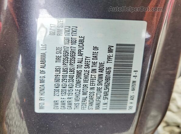 5FNRL5H62HB014676 2017 HONDA ODYSSEY Gray Панорамний вид салону 360°