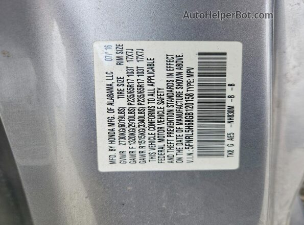 5FNRL5H68GB120158 2016 HONDA ODYSSEY Silver Widok naklejki z numerem VIN