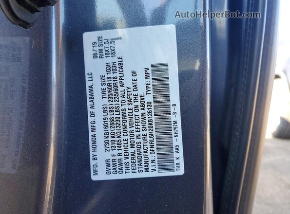 5FNRL6H20KB126130 2019 HONDA ODYSSEY Gray Вид наклейки з VIN-кодом