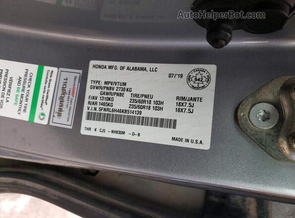 5FNRL6H46KB514139 2019 HONDA ODYSSEY Gray VIN sticker view