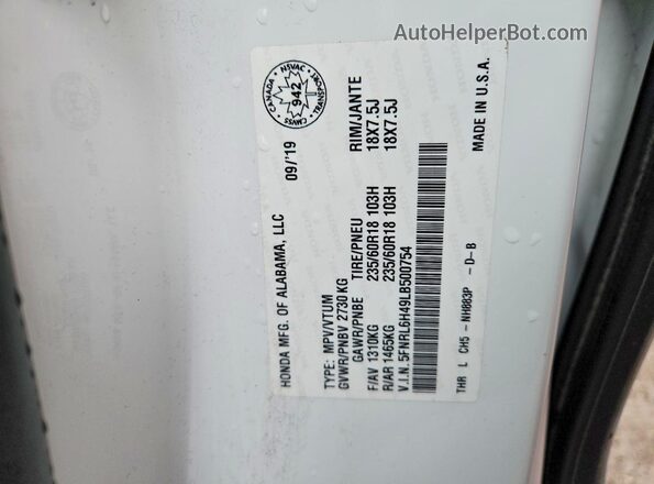 5FNRL6H49LB500754 2020 HONDA ODYSSEY White Vista de la etiqueta del VIN
