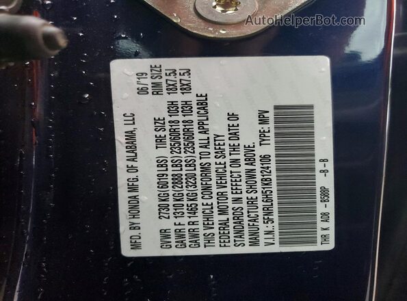 5FNRL6H51KB124106 2019 HONDA ODYSSEY Blue Vista de la etiqueta del VIN