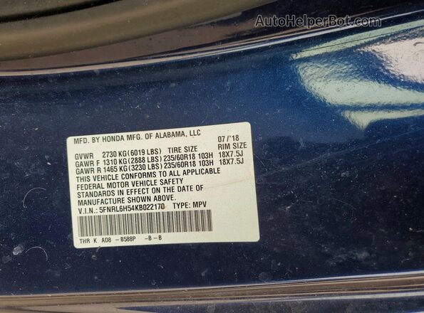 5FNRL6H54KB022170 2019 HONDA ODYSSEY Синий Вид наклейки с VIN-кодом