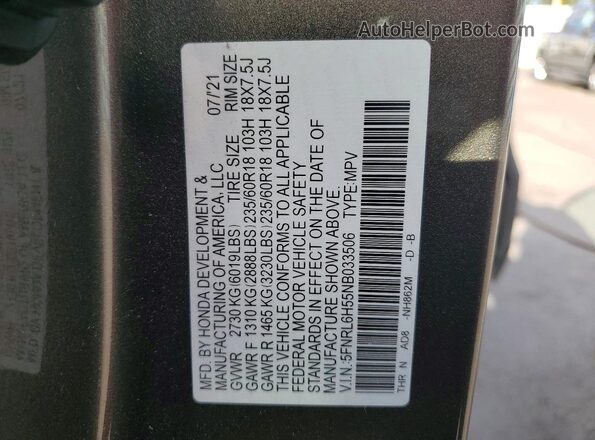 5FNRL6H55NB033506 2022 HONDA ODYSSEY Gray VIN կոդի պիտակի տեսք