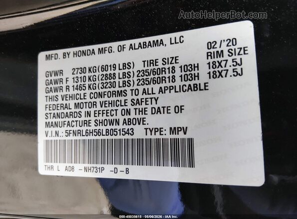 5FNRL6H56LB051543 2020 HONDA ODYSSEY Черный Вид подкапотного пространства