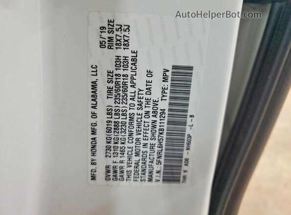 5FNRL6H57KB111294 2019 HONDA ODYSSEY Белый Вид наклейки с VIN-кодом