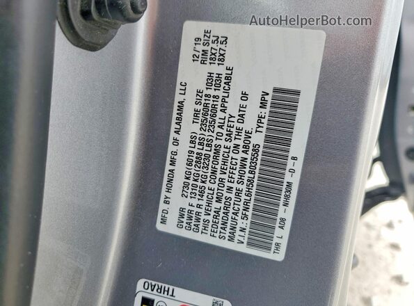 5FNRL6H58LB035585 2020 HONDA ODYSSEY Silver Vista de la etiqueta del VIN