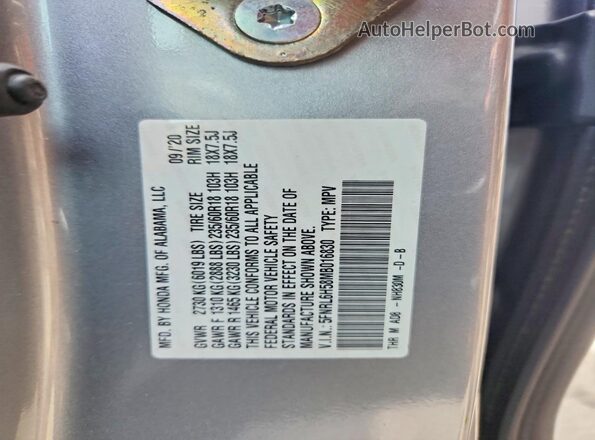 5FNRL6H58MB016830 2021 HONDA ODYSSEY Gray Vista de la etiqueta del VIN