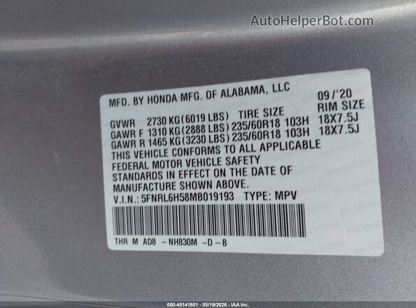 5FNRL6H58MB019193 2021 HONDA ODYSSEY Silver Engine compartment view