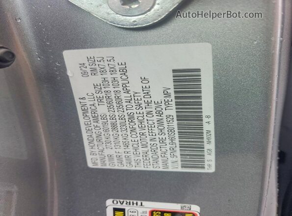 5FNRL6H60SB011529 2025 HONDA ODYSSEY Серебряный Вид наклейки с VIN-кодом