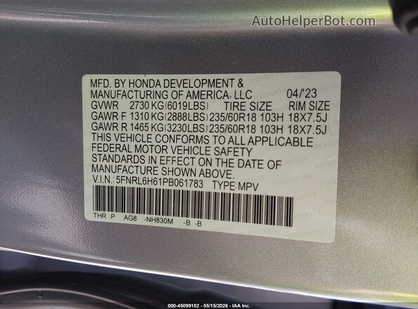 5FNRL6H61PB061783 2023 HONDA ODYSSEY Silver Engine compartment view