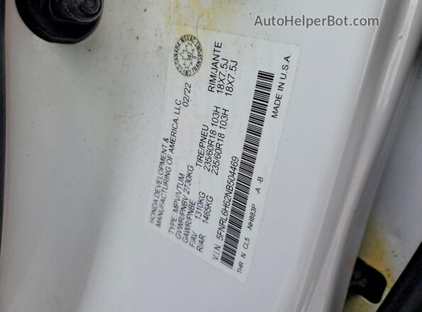 5FNRL6H62NB504469 2022 HONDA ODYSSEY White VIN sticker view