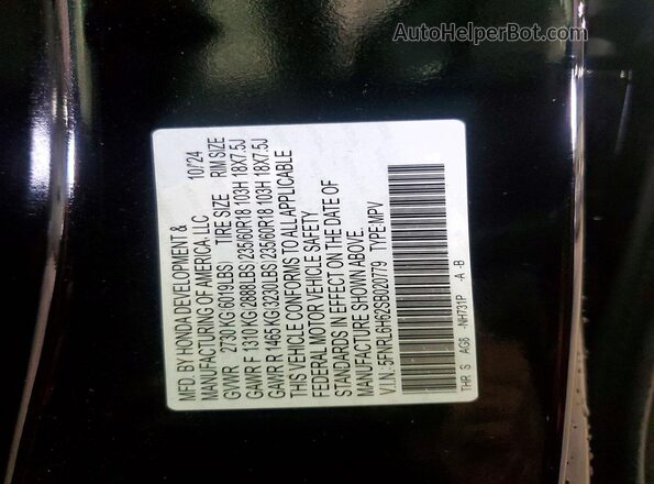 5FNRL6H62SB020779 2025 HONDA ODYSSEY Black Widok naklejki z numerem VIN