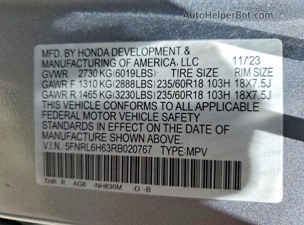 5FNRL6H63RB020767 2024 HONDA ODYSSEY Silver Вид наклейки з VIN-кодом
