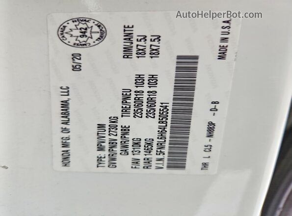 5FNRL6H64LB505541 2020 HONDA ODYSSEY White Widok wnętrza 360 stopni