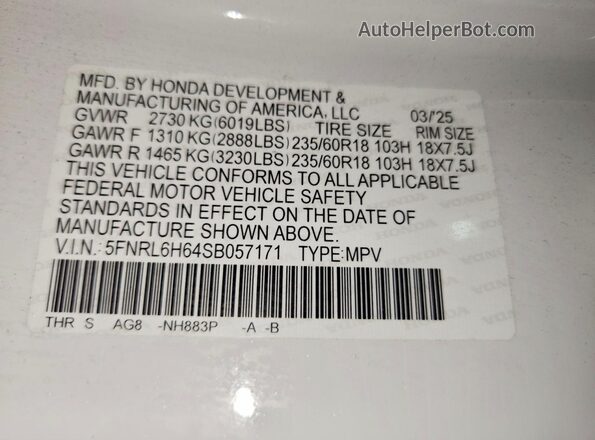 5FNRL6H64SB057171 2025 HONDA ODYSSEY White Вид наклейки з VIN-кодом