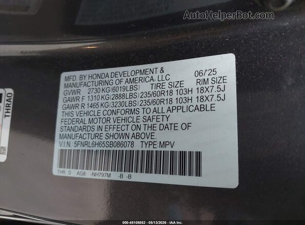 5FNRL6H65SB086078 2025 HONDA ODYSSEY Серый Вид подкапотного пространства