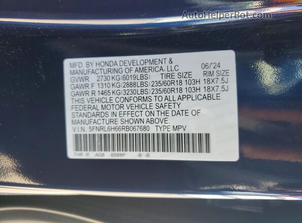5FNRL6H66RB067680 2024 HONDA ODYSSEY Blue Vista interior de 360 grados