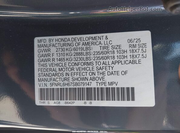 5FNRL6H67SB079147 2025 HONDA ODYSSEY Gray Շարժիչի բաժամունքի տեսք