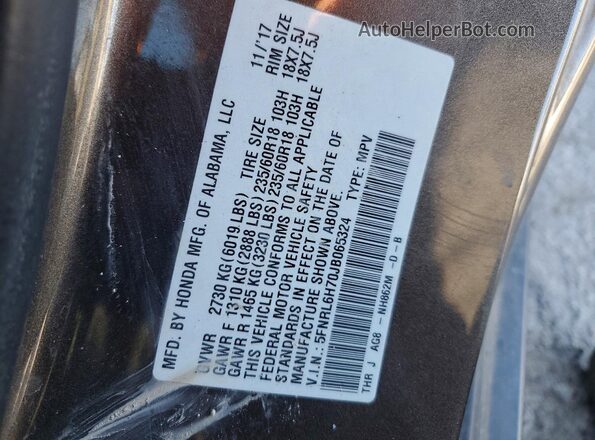 5FNRL6H70JB065324 2018 HONDA ODYSSEY Серый Вид наклейки с VIN-кодом