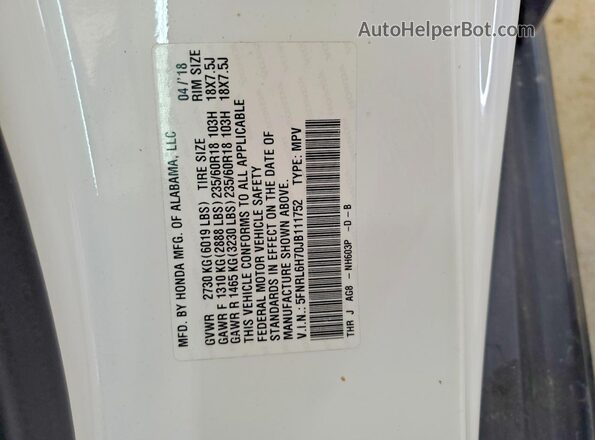 5FNRL6H70JB111752 2018 HONDA ODYSSEY White Widok naklejki z numerem VIN