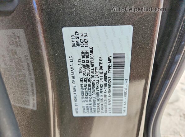 5FNRL6H70KB099247 2019 HONDA ODYSSEY Gray Vista de la etiqueta del VIN