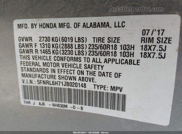5FNRL6H71JB020148 2018 HONDA ODYSSEY Light Blue ძრავის განყოფილების ხედი