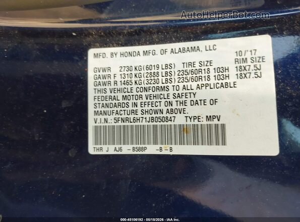 5FNRL6H71JB050847 2018 HONDA ODYSSEY Dark Blue Widok komory silnika
