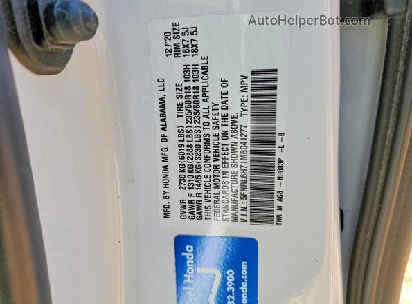 5FNRL6H71MB041277 2021 HONDA ODYSSEY White Widok naklejki z numerem VIN