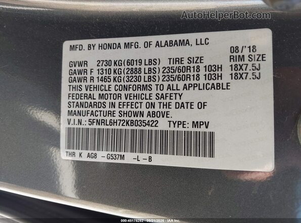 5FNRL6H72KB035422 2019 HONDA ODYSSEY Gray Vista del compartimento del motor