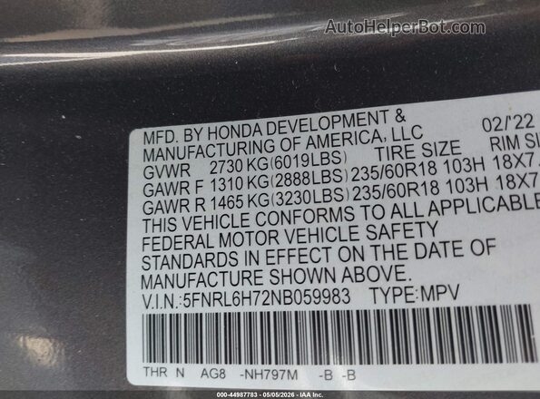 5FNRL6H72NB059983 2022 HONDA ODYSSEY Gray ძრავის განყოფილების ხედი