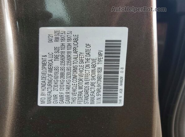 5FNRL6H73NB011828 2022 HONDA ODYSSEY Gray Вид наклейки з VIN-кодом