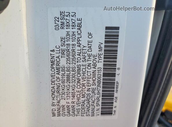 5FNRL6H73NB063153 2022 HONDA ODYSSEY White Vista de la etiqueta del VIN