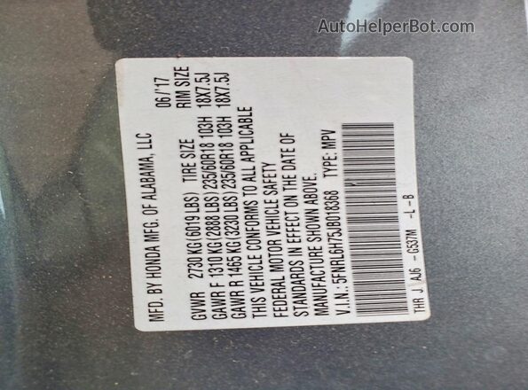 5FNRL6H75JB018368 2018 HONDA ODYSSEY Серый Вид наклейки с VIN-кодом