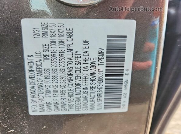 5FNRL6H75NB050517 2022 HONDA ODYSSEY Charcoal VIN sticker view