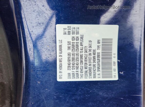 5FNRL6H76JB109018 2018 HONDA ODYSSEY Синий Вид наклейки с VIN-кодом