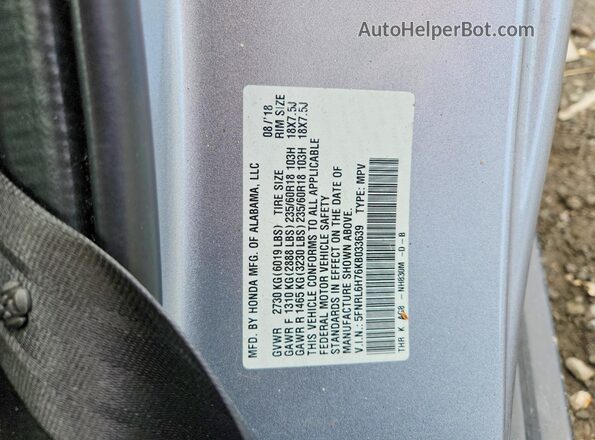5FNRL6H76KB033639 2019 HONDA ODYSSEY Серебряный Вид наклейки с VIN-кодом