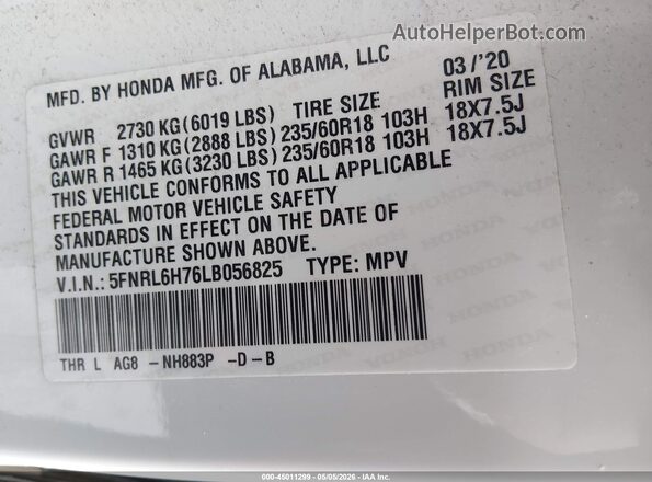 5FNRL6H76LB056825 2020 HONDA ODYSSEY Белый Вид подкапотного пространства