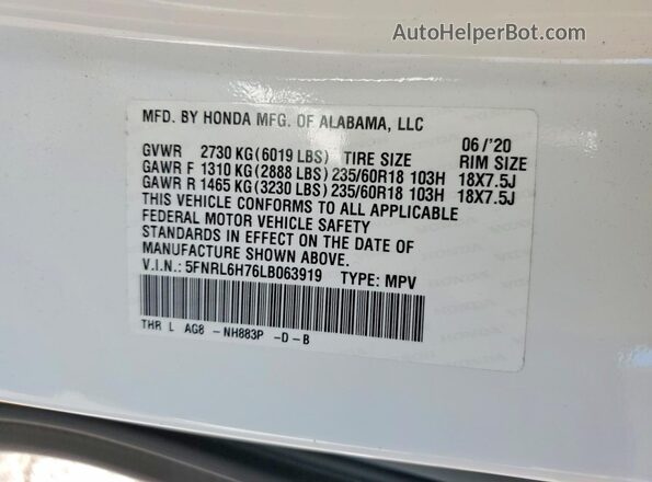 5FNRL6H76LB063919 2020 HONDA ODYSSEY White Vista de la etiqueta del VIN