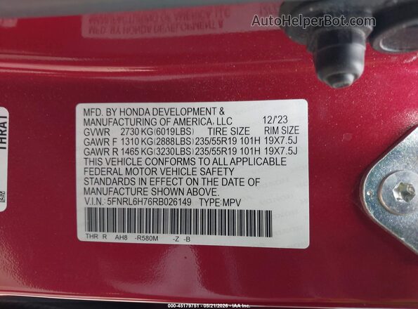 5FNRL6H76RB026149 2024 HONDA ODYSSEY Red Engine compartment view
