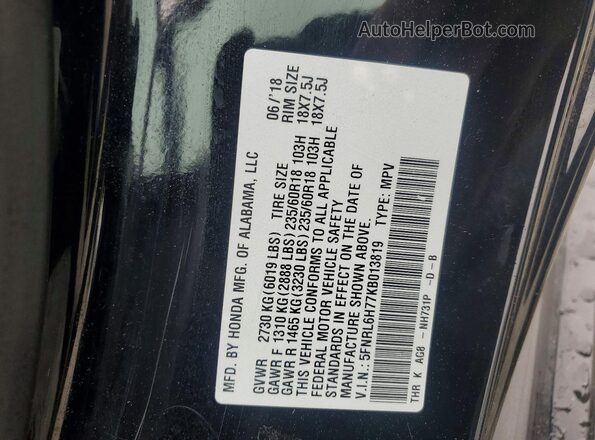 5FNRL6H77KB013819 2019 HONDA ODYSSEY Black Vista de la etiqueta del VIN