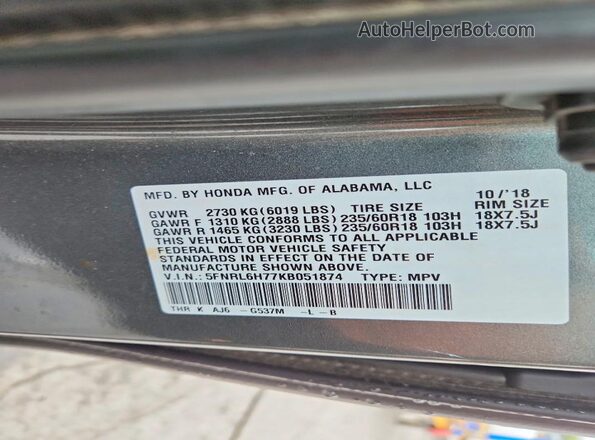 5FNRL6H77KB051874 2019 HONDA ODYSSEY Green Vista de la etiqueta del VIN
