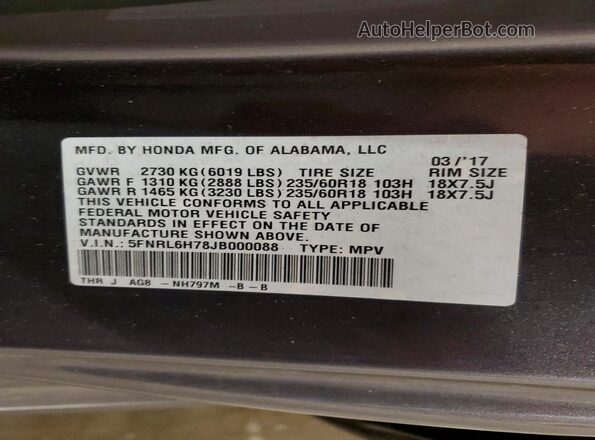 5FNRL6H78JB000088 2018 HONDA ODYSSEY Gray სალონის 360-გრადუსიანი ხედი