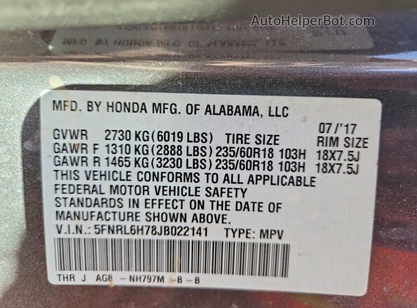 5FNRL6H78JB022141 2018 HONDA ODYSSEY Gray Панорамний вид салону 360°