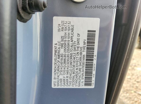 5FNRL6H78SB014896 2025 HONDA ODYSSEY Blue Widok naklejki z numerem VIN