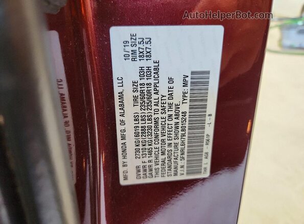 5FNRL6H79LB015248 2020 HONDA ODYSSEY Burgundy Widok naklejki z numerem VIN