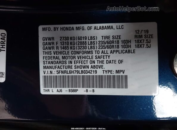 5FNRL6H79LB034219 2020 HONDA ODYSSEY Синий Вид подкапотного пространства