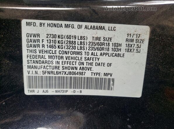 5FNRL6H7XJB064987 2018 HONDA ODYSSEY Black Widok naklejki z numerem VIN