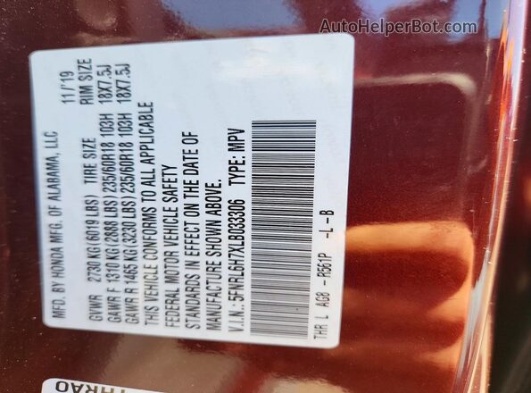 5FNRL6H7XLB033306 2020 HONDA ODYSSEY Burgundy VIN sticker view