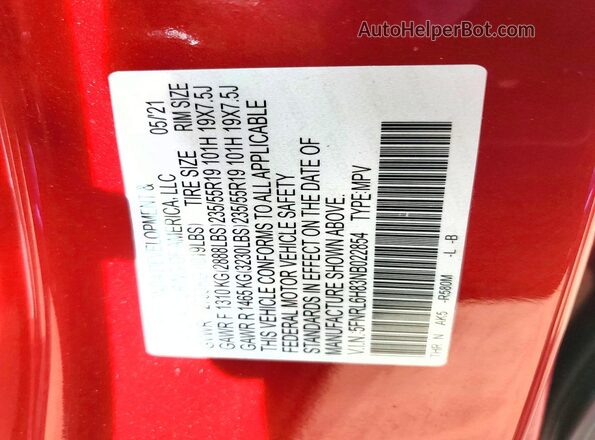 5FNRL6H83NB022854 2022 HONDA ODYSSEY Красный Вид наклейки с VIN-кодом